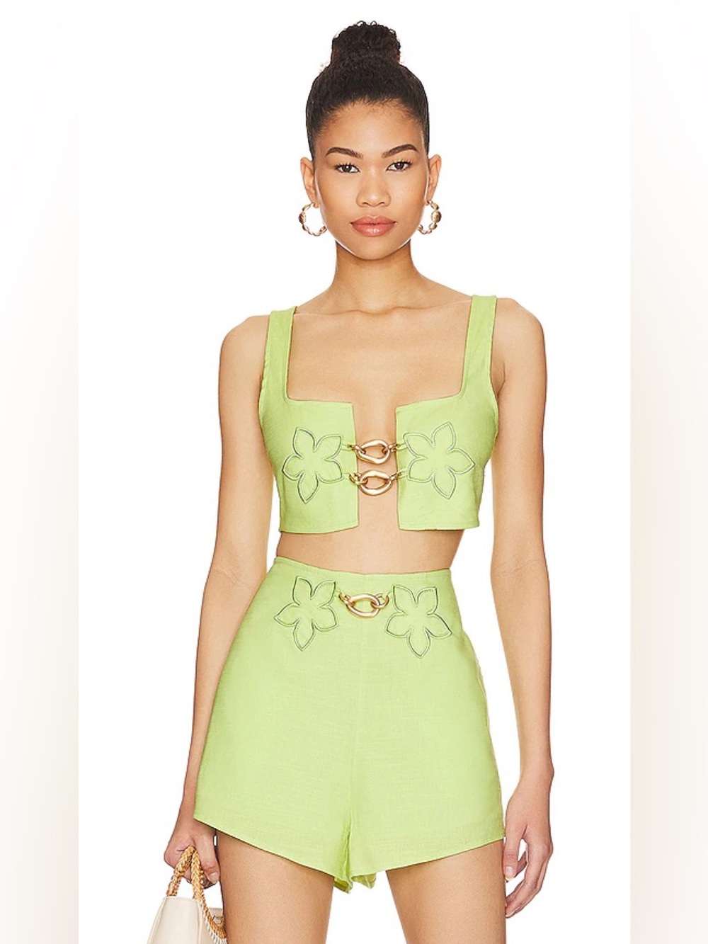 cult gaia Lime Green High-Waist Shorts and top swith Floral Appliqué & Ring
